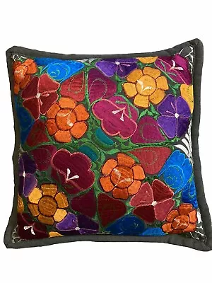 Mexican Style Embroidered Pillow Gray Back And Trim Couch Throw Big Flowers • $24.99