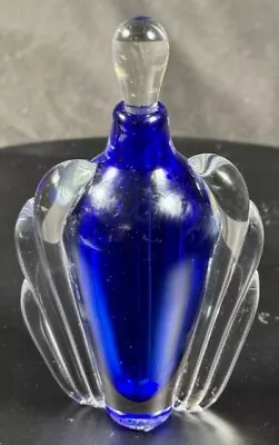 Signed Vitrix Hot Glass T. Buechner Blue Glass Perfume Bottle Clear Glass “Wings • $70