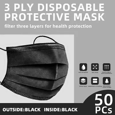 50PCS 3Ply Black Face Mask Mouth & Nose Protector Respirator Mask • $4.90
