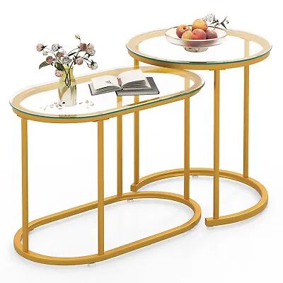 Nesting Coffee Table Set Of 2 W/ Tempered Glass Tabletop Heavy-duty Metal Frame • $64.99