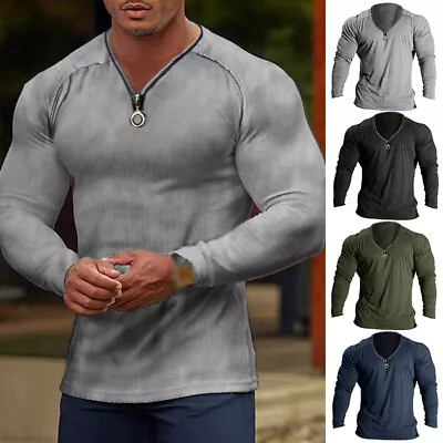 Men's Solid Color V-neck Zipper Decoration Long Sleeve Slim Sport Muscle T-shirt • $23.33