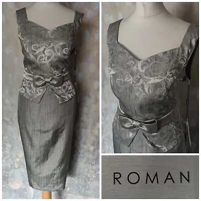 £12.99 • Buy New ROMAN Silver Grey Crushed Jacquard Pencil Peplum Occasion Dress Size 10