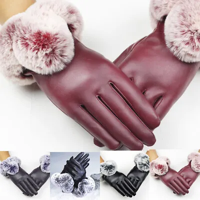 Womens Leather Winter Gloves With Rabbit Fur Trim Lined Warm Ladies Gloves • $8.23