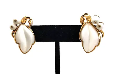 Vintage CROWN TRIFARI Milk Glass/Gold Tone  Trifarium  Earrings ALFRED PHILLIP • $19.99