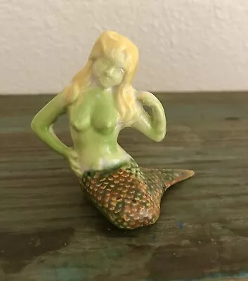 VTG MERMAID Yellow Green Woman Aquarium Decor Figurine Ceramic Japan RARE COLORS • $112