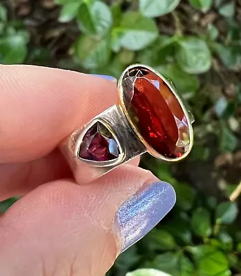 Vintage Michou 925 Sterling Silvr Gold Vermeil Garnet Tourmaline Ring Wide Band  • $399.20