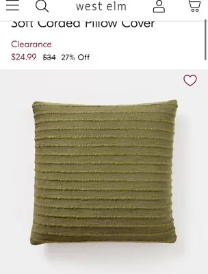 West Elm Soft Corded Pillow Cover Dark Olive   20   NWOT • $10