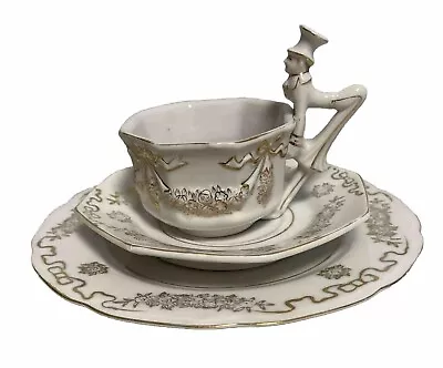 Art Deco Mepoco Japan Porcelain Tea Cup & Saucer Dessert Butler Figure Handle 4 • $75