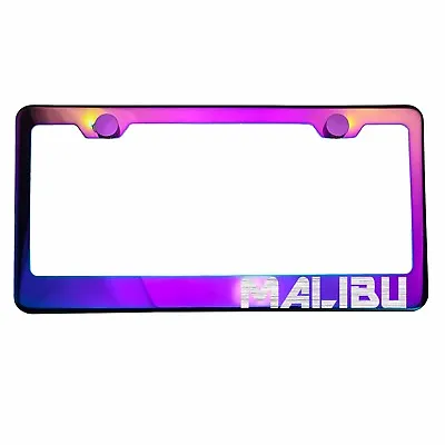 Neo Neon Chrome License Plate Frame MALIBU Laser Etched Metal Screw Cap • $34.99