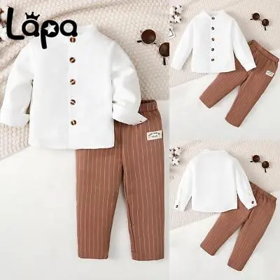 2PCS Kids Baby Boys Long Sleeve Button Tops+Striped Trousers Outfits Clothes Set • £7.29