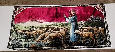 Vintage Velour Wall Tapestry Jesus Good Shepherd Tending Sheep 38x19 • $40