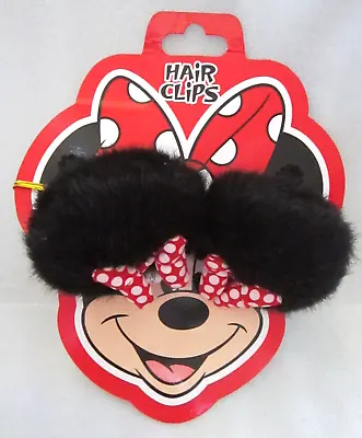 MINNIE MOUSE BLACK FUR EAR HAIR CLIPS  PAIR With POLKA DOT BOWS Disney Parks • $7.95