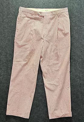 BERLE Pants Seer Sucker Mens 36X30 Nantucket Red White Striped Flat Front Cuffed • $19.95