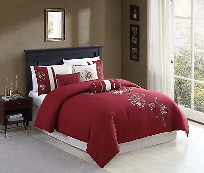 Chezmoi Collection 7-Piece Burgundy Red Beige Floral Embroidered Comforter Set • $59.99