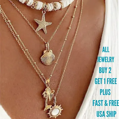 Puka Necklace Layered Shell Multi Chain Lariat Sun Starfish Bead Charms Beachy • $14.20