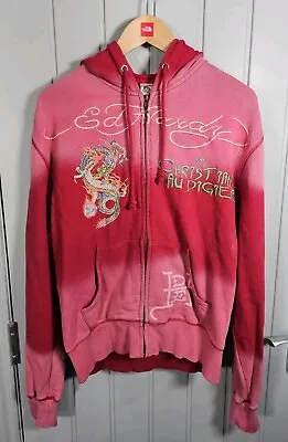 Ed Hardy By Christian Audigier Hoodie Men's Medium Dragon Red Faded Embroidered • £80