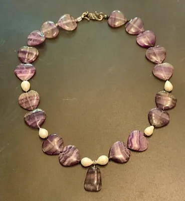 Stunning Boho Large Rainbow Fluorite Heart And Pearl Necklace • £125