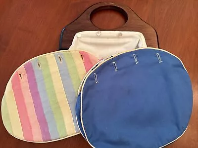 Vtg De’Lanthe Bermuda Bag Wood Handles Grosgrain Ribbon & Blue Covers • $29.50