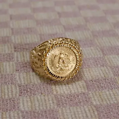 VINTAGE 1945 MEXICAN DOS PESOS COIN SET IN 14KYG SIZE 10.5 NUGGET RING (1970's) • $895