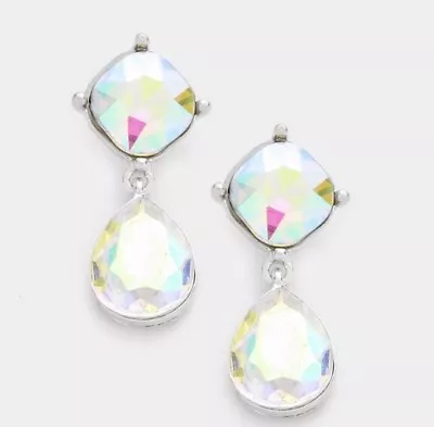 1.5  Long Silver Clear Aurora Borealis AB Austrian Crystal Pageant Earrings • $11.50