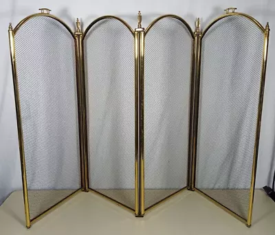 Vintage Shiny Brass Folding Fireplace Screen W/Black Mesh 4 Panels 32  Tall • $124.99