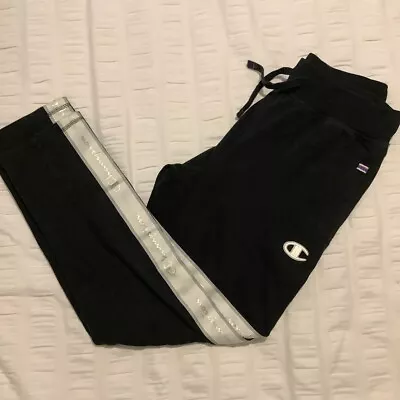 Vintage Champion Taped Spell Out Fleece Joggers In Black Ladies Size Small S • £11.96