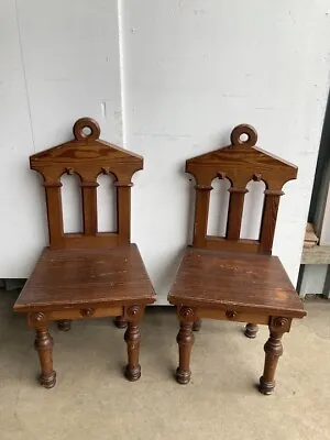 Pair Of Victorian Pitch Pine Hall Chairs • £175
