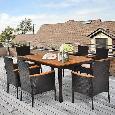 7PCS Rattan Outdoor Dining Set Patio Furniture Set W/ Cushions Umbrella Hole • $435