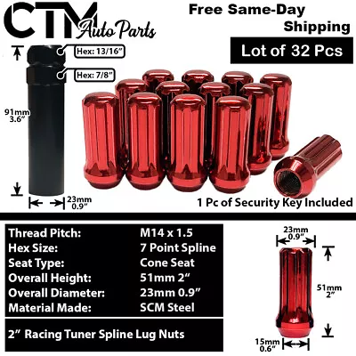 32x 2  Red M14x1.5 Spline Tuner Performance Lug Nuts Fit Dodge Ram2500 Ram3500 • $27.59