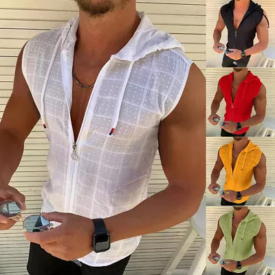 Men Sleeveless Workout Hoodie Solid Zip Up Vest Gym Bodybuilding Hooded Tank Top • $9.26