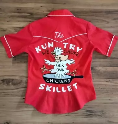 Vintage Western Bowling Shirt Chainstitch Kuntry Skillet Hon Chicken Funny Med • $165