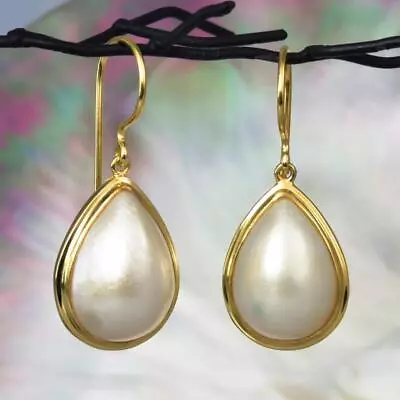 Earrings White Mabe Pearl Drop & 18K Gold Vermeil Over 925 Sterling Silver 5.04g • $72