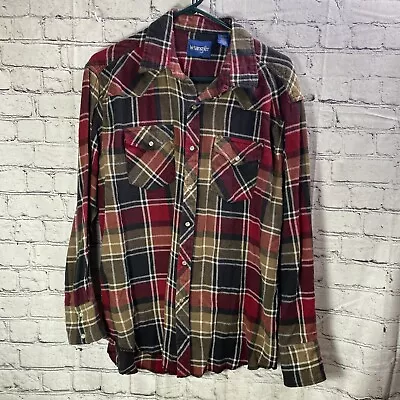 Wrangler Western Vintage 90s Pearl Snap Flannel Plaid Shirt Men's Large • $24.95