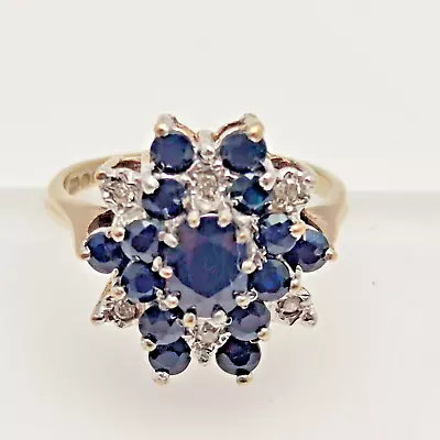 9ct Gold Ring Sapphire And Diamond Cluster Size N1/2 - 9ct Yellow Gold • $766.29