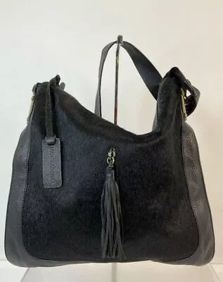 Aqua Madonna Black Calf Hair Pebbled Leather Tassel Shoulder Bag • $25