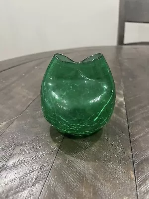 Blenko Blown Cracked Glass Emerald Green Pinched Vase Mid Century • $29.99