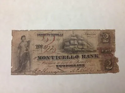 ~ Charlottesville VA- The Monticello Bank $2 May 1 1861 ~ Confederate Banknote • $45