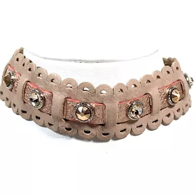 Leatherock Beige Leather Stud Rhinestone Scallop Edge Choker Necklace 15.5 Inch • $13.99