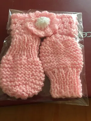 Hand Knit Baby Girl Headband & Mittens Size 0-3 Months New • £0.99