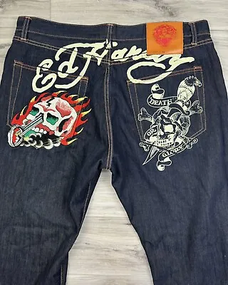 Y2K Ed Hardy Embroidered Skull Chopper Jeans Baggy Denim Lot 2007 42x34 VTG • $175