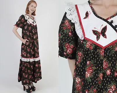 Vtg RM Hawaiian Caftan Butterfly Holiday Luau Dress Long Cotton Hawaii MuuMuu 12 • $68.40