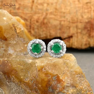 Zambian Emerald Halo Studs 14k Solid Gold 0.11 Ctw Diamond Earrings Gift For Her • $379.43