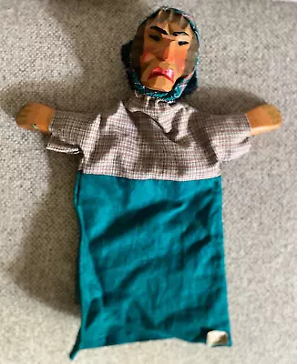 Hand Puppet Spielzeug Vintage German Witch Old Woman W/Tag Hand Carved Wooden • $45