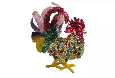 Bejeweled   Rainbow Large Rooster   Hinged Metal Enameled Rhinestone Trinket Box • $24.50