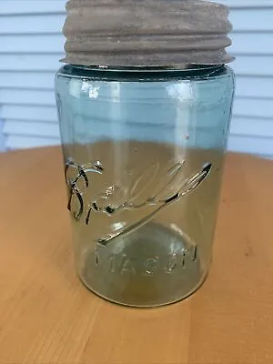 Vintage Aqua Ball Mason PINT Jar (1900-1910)  With Zinc Lid • $9.50