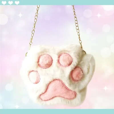 Fluffy Plush Cat Paw Bag White Pink Chain Crossbody Handbag Cute Kawaii Cosplay • £9.99