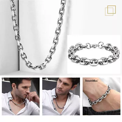 9/10mm Silver Stainless Steel CABLE Link Necklace Bracelet Jewelry Set For Men • $13.99