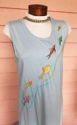 MICHAEL SIMON Lite Maxi Dress Sz M Cute Embroidered Whimsical Fish FLAWS • $12.99