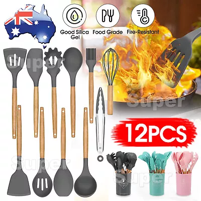 $22.95 • Buy 12Pcs Silicone Utensils Cooking Kitchen Set Wooden Baking Cookware BPA AU