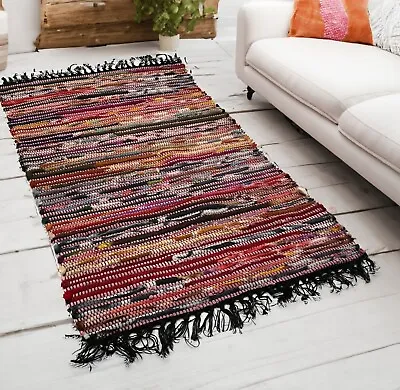 Pink Soft Rug Cotton Fleece Cosy Small Rag Rugs Multi Colours Black Fringing • £16.50